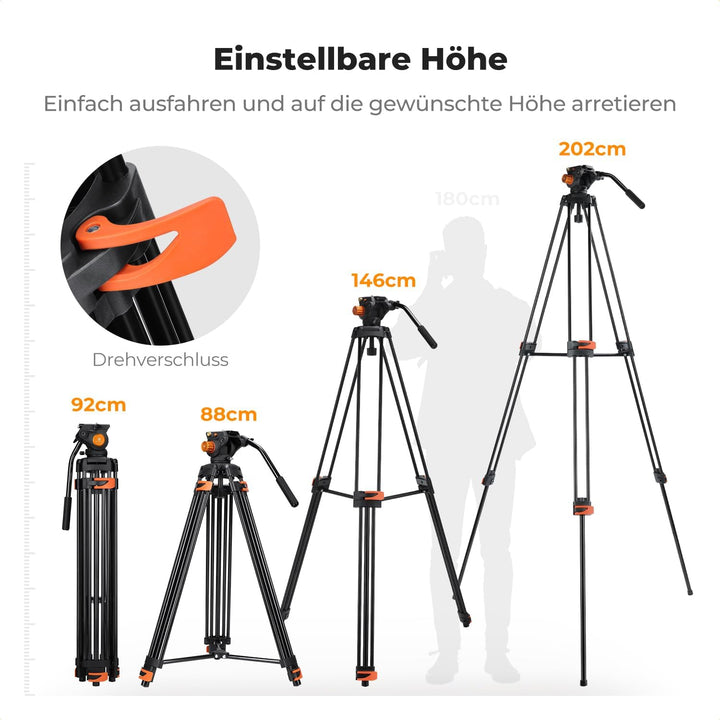K&F CONCEPT 202cm Videostativ mit Fluidkopf, Robustes Kamerastativ aus Aluminiumlegierung mit Schnel