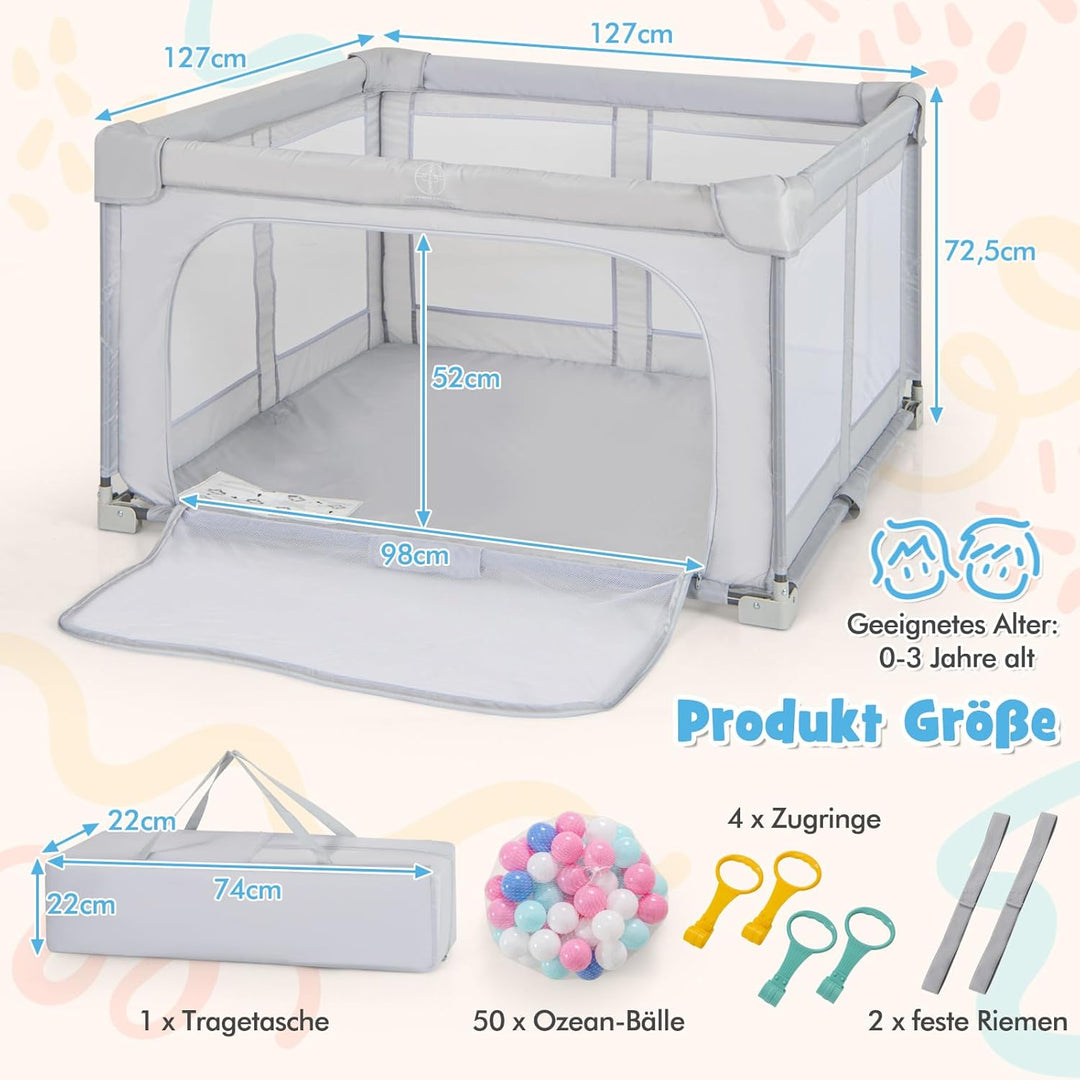 GOPLUS Laufstal faltbar, Laufgitter Baby mit 50 bunten Bällen, 4 Griffen &amp; Tragetasche, Playpen mit