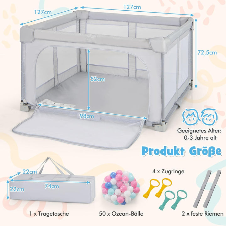 GOPLUS Laufstal faltbar, Laufgitter Baby mit 50 bunten Bällen, 4 Griffen &amp; Tragetasche, Playpen mit