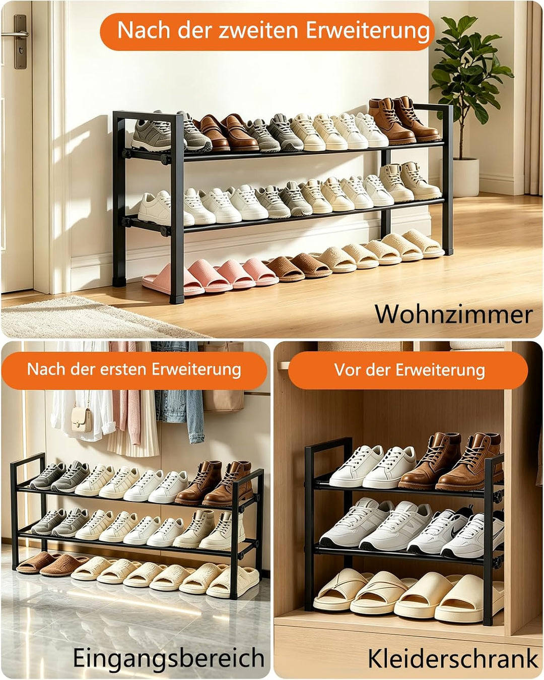 Ausziehbares Schuhregal Schmal, 2 Ebenen Adjustable Metall Schuhaufbewahrung 44 to 109 cm, Freistehe