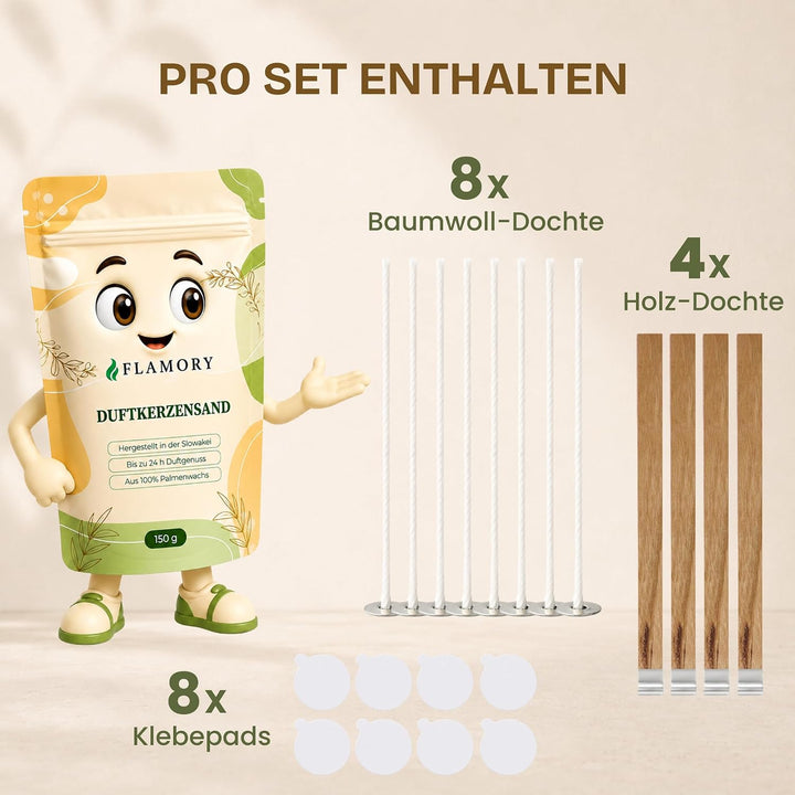 Kerzensand mit Duft Elegance Set 4x150g – [Vanille/Orange/Sandelholz/Rose] – 12 Dochte inklusive – 1