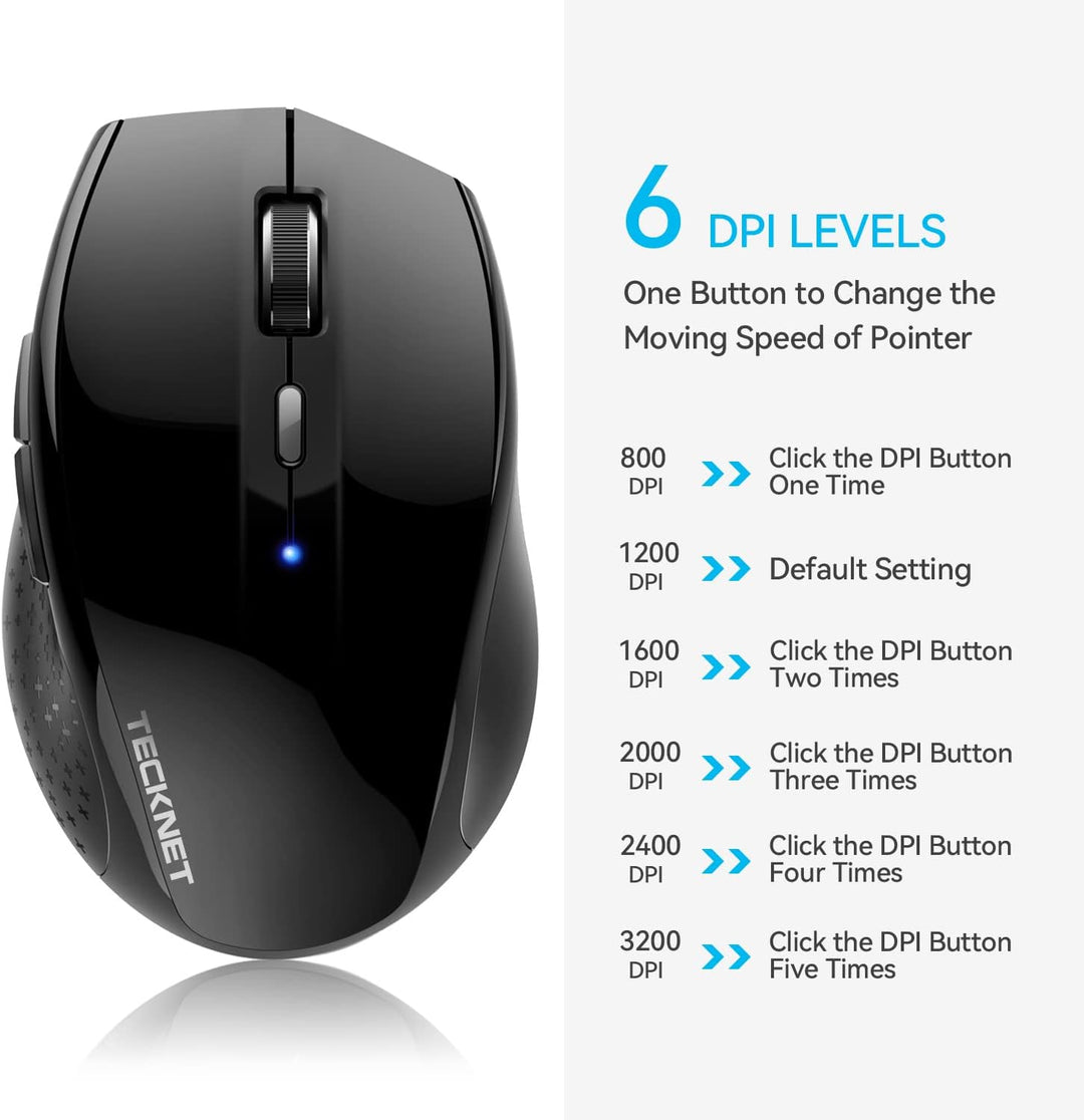 TECKNET Bluetooth Maus, 3200 DPI Kabellose , 24 Monate Batterielebensdauer, Mouse 6 Verstellbare Lev