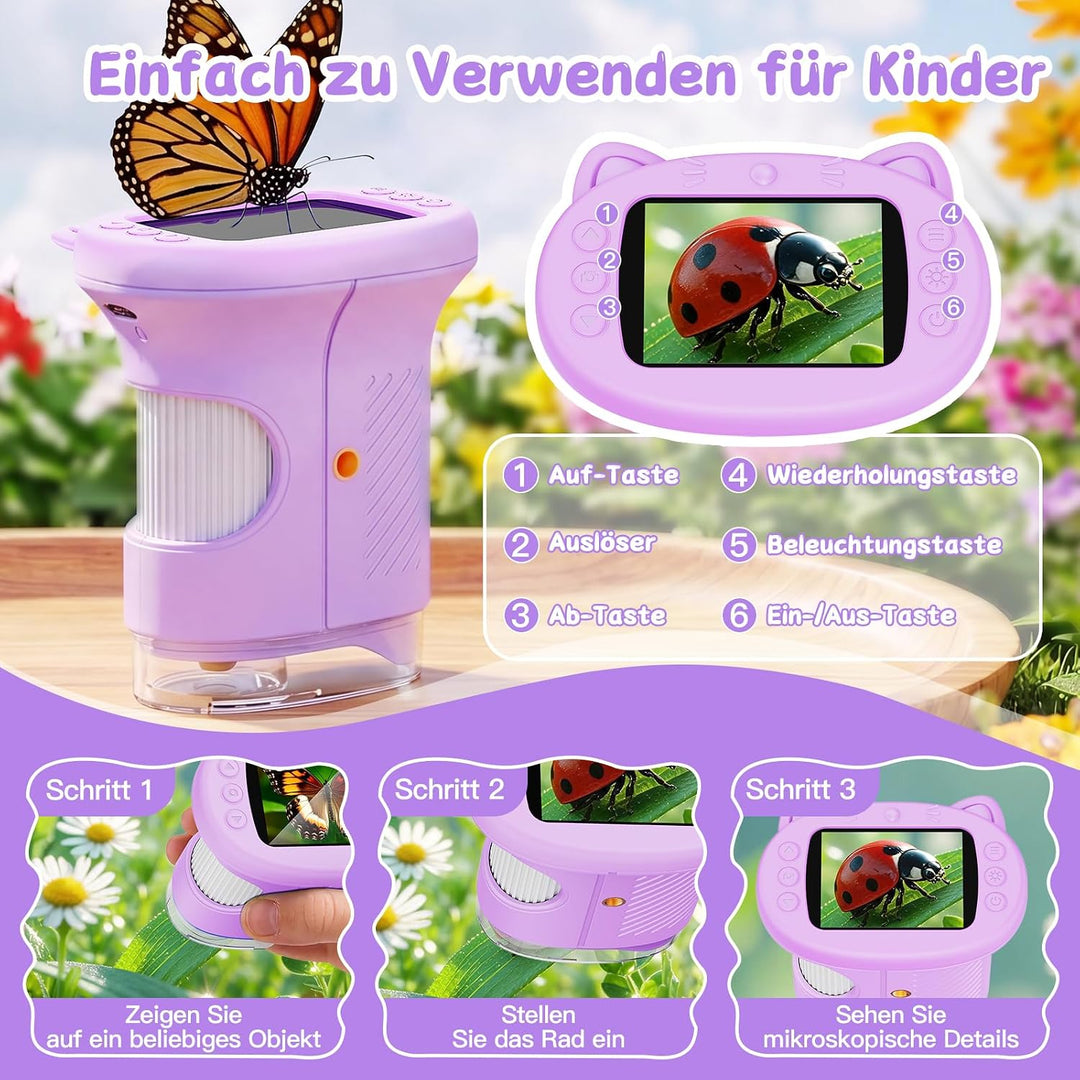 Tragbares Mikroskop für Kinder, 1000x Digitales Handmikroskop Kinder mit 2,4 Zoll IPS Bildschirm, Fo