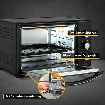 TZS First Austria - 30 Liter Minibackofen mit 1600 Watt schwarz| Unter-Oberhitze bis 230 Grad stufen