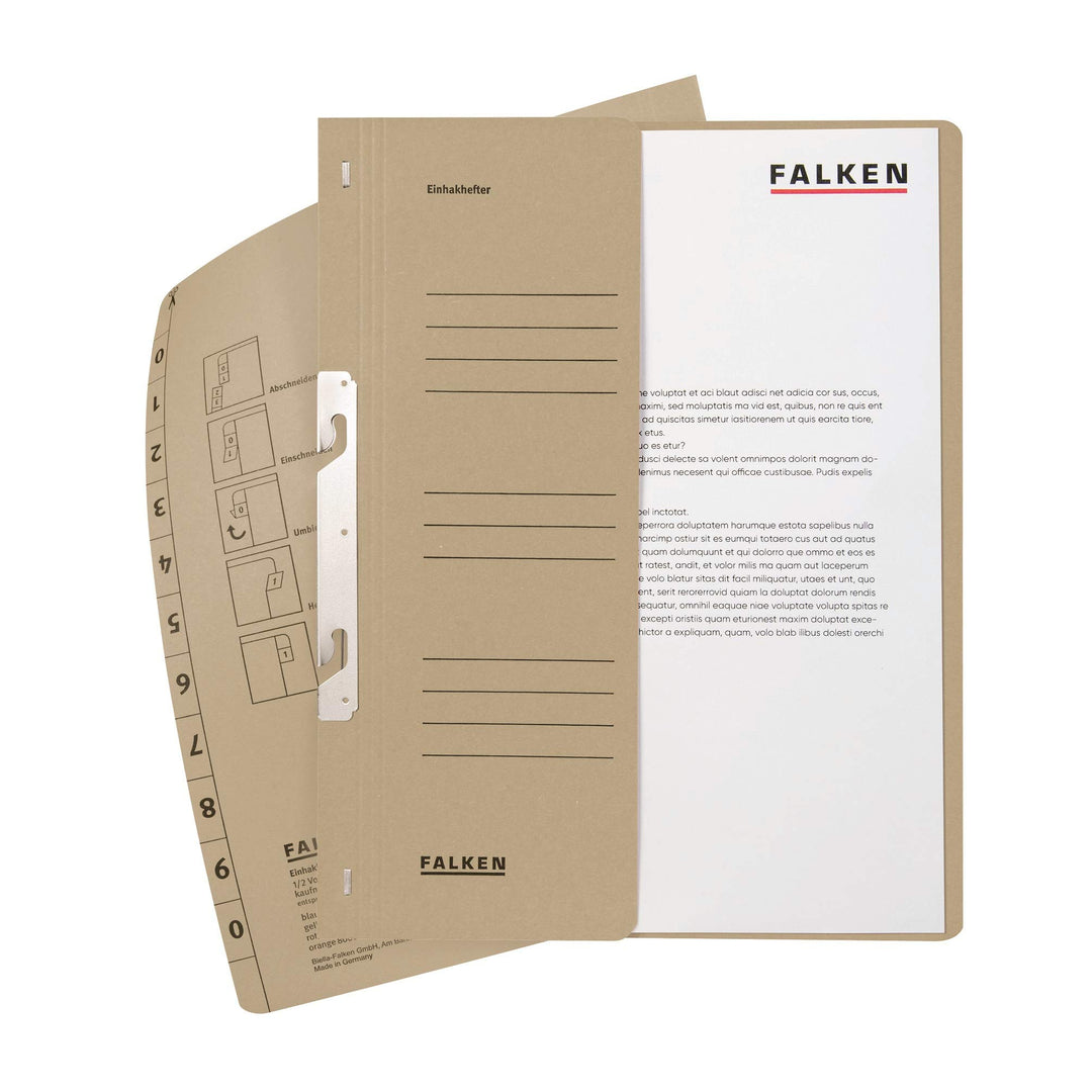 Original Falken 50er Pack Einhakhefter. Made in Germany. Aus Recycling-Karton mit halbem Vorderdecke