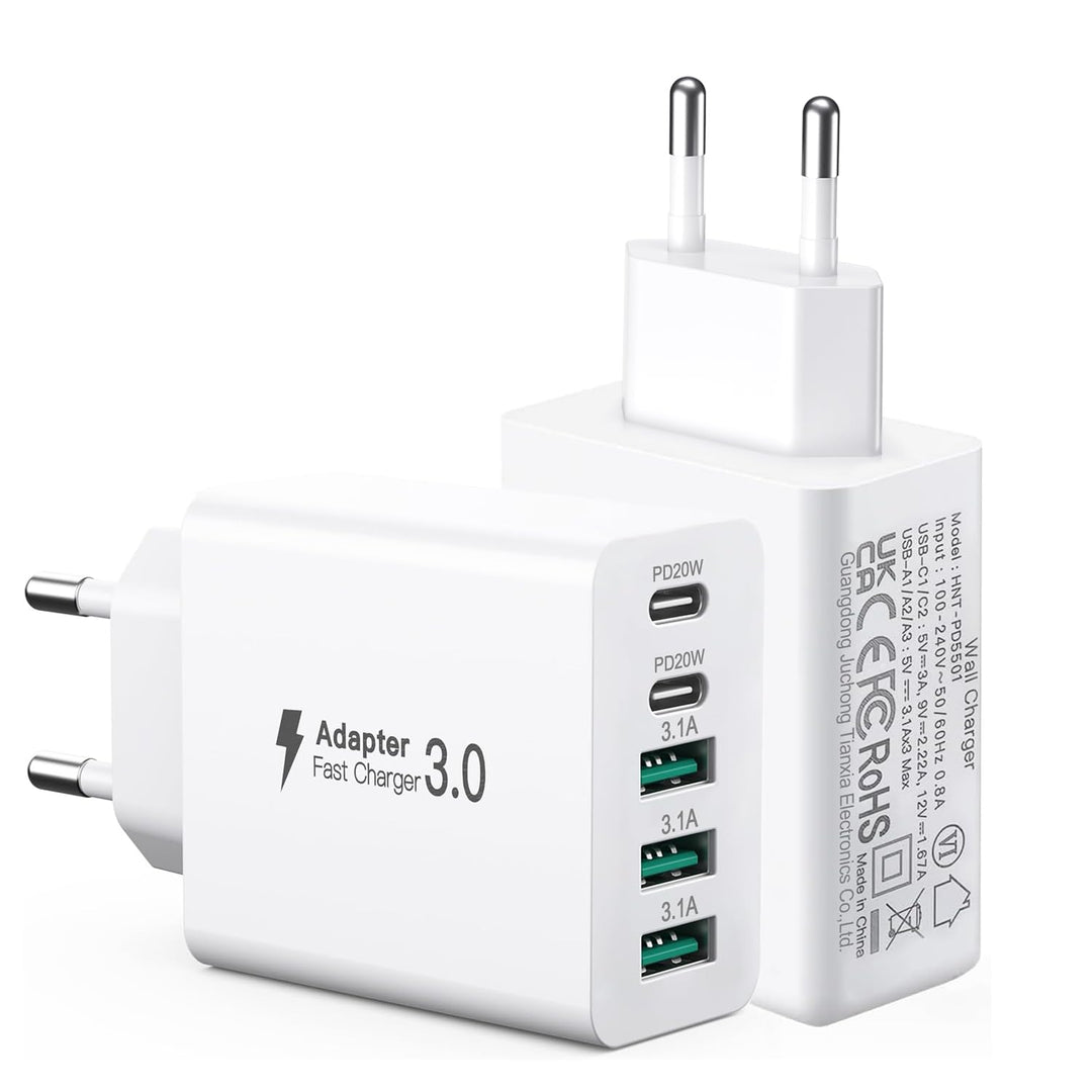 2er Pack USB C Ladegerät 50W, 5 Ports Mehrfach USB Stecker mit【2 USBC+3 USBA】, 50W Netzteil Wand-Lad