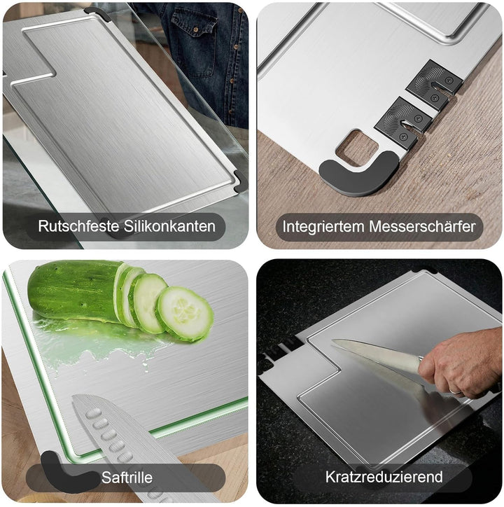 Schneidebrett Edelstahl Upgrade - Cutting Board Antibakterielles Schneidebretter mit Saftrille, Inte