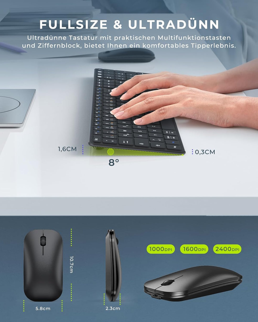 seenda SKM64-3 Bluetooth Tastatur mit Maus, Wiederaufladbare Dualmodus USB & Bluetooth Tastatur aus