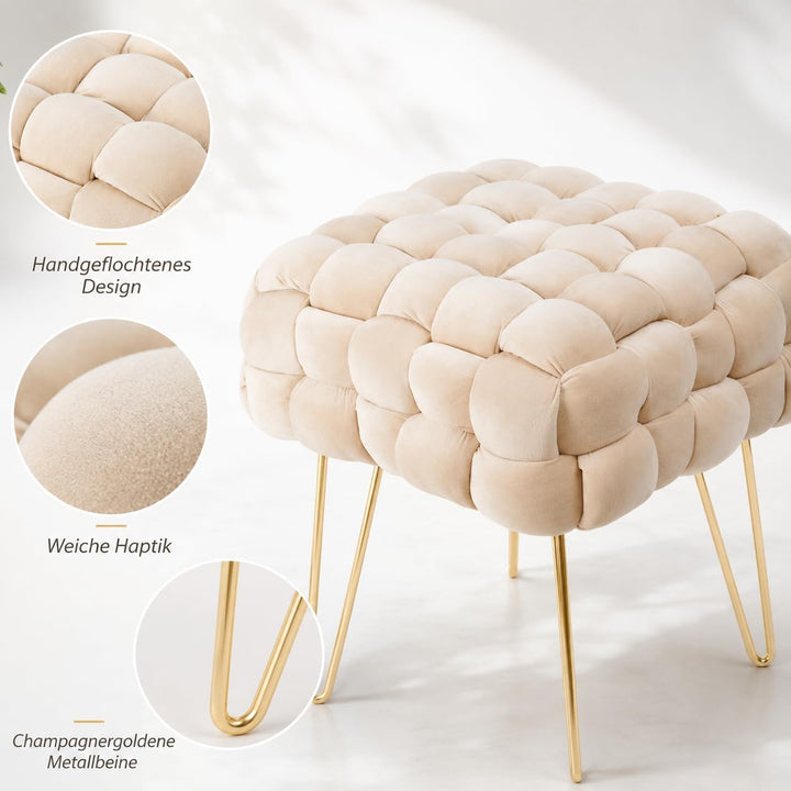 Zedelmaier Moderner Velvet Kosmetik Hocker, Quadratisch Ottoman-Fusshockermit goldfarbenen Metallbei