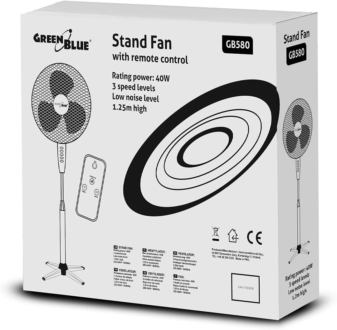 Green Blue GB580 Standventilator 40 cm mit Fernbedienung | 40W Motor & 3 Stufen | Oszillation 100° |