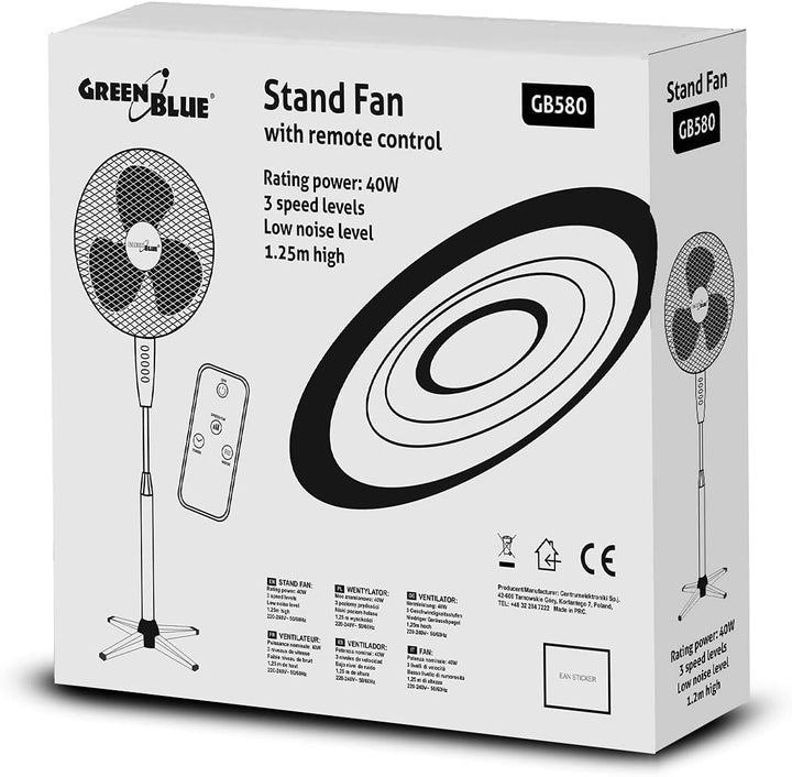Green Blue GB580 Standventilator 40 cm mit Fernbedienung | 40W Motor & 3 Stufen | Oszillation 100° |