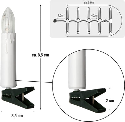 hellum Lichterkette Weihnachtsbaum, 16 Weihnachtskerzen je 20 Lumen, 6m beleuchtet mini Lichterkette