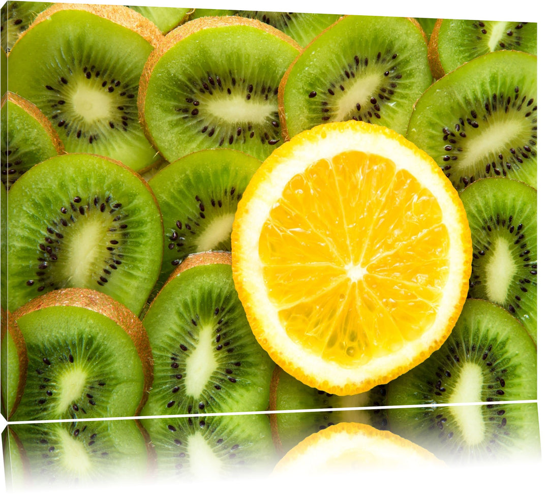 Orange verirrt in Kiwi Scheiben Format: 100x70 auf Leinwand, XXL riesige Bilder fertig gerahmt mit K
