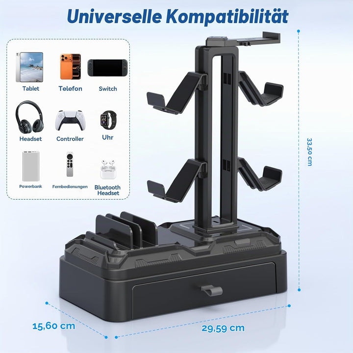 KDD Kopfhörer Ständer Gaming mit Schublade - Drehbare Headset Halterung Tisch &amp; Controller Halter PS
