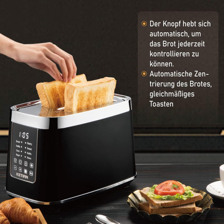 Toaster 2 Scheiben, KETIAN 2 Toast Schlitze mit Brötchenaufsatz, hochwertiger Edelstahl-Toaster, 7 S