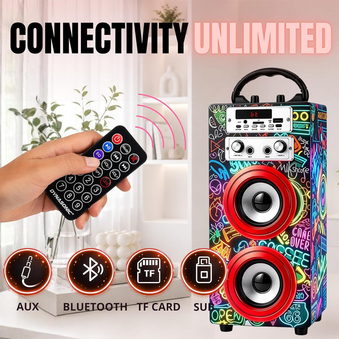 DYNASONIC Karaoke mit 2 Mikrofonen, tragbarer Karaoke-Maschine, Bluetooth-Lautsprecher, USB- und SD-