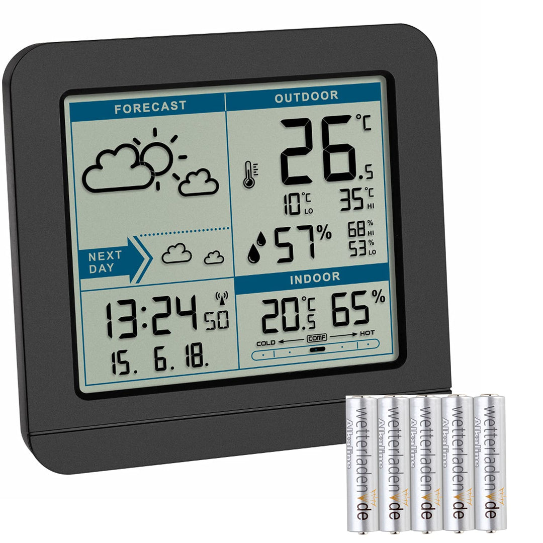 TFA Dostmann Sky 35.1152 Funk-Wetterstation mit Aussensensor, Wettervorhersage und Funkuhr (schwarz