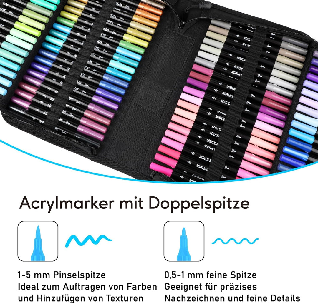 Pamaker 120 Farben Acrylstifte Set – Acrylmarker mit feiner Spitze und Pinsel für Stoff, Leinwand, G
