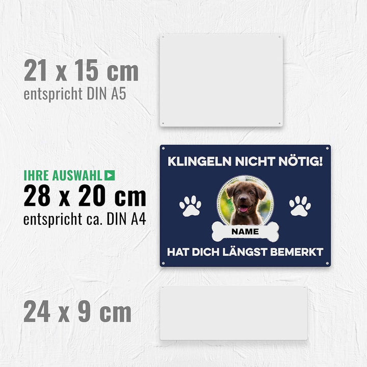 Hunde Schild personalisiert - Klingeln nicht nötig - Metallschild mit Foto und Name für aussen, wett