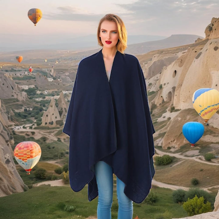 Shmily Girl - Damen Poncho Habe Gestrickt Überdimensionalen Decke Kap-Schal Navy Blue 2, Navy Blue 2