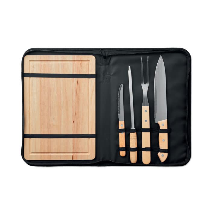 Hochwertiges Edelstahl Grill-BBQ-Set aus 5 Teilen mit Messern, Schneidebrett, Schärfer und Gabel - S