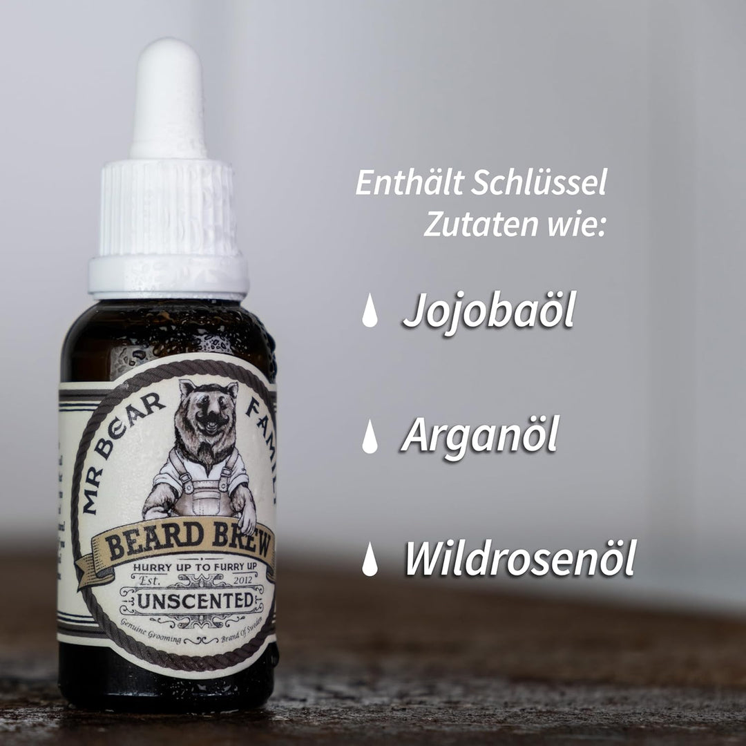 Bear Family Bartöl Herren - UNSCENTED - pflegt und unterstützt Bart Wachstum - nährreiches Bartpfleg