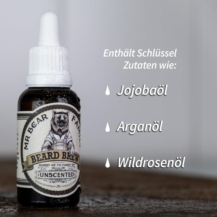 Bear Family Bartöl Herren - UNSCENTED - pflegt und unterstützt Bart Wachstum - nährreiches Bartpfleg