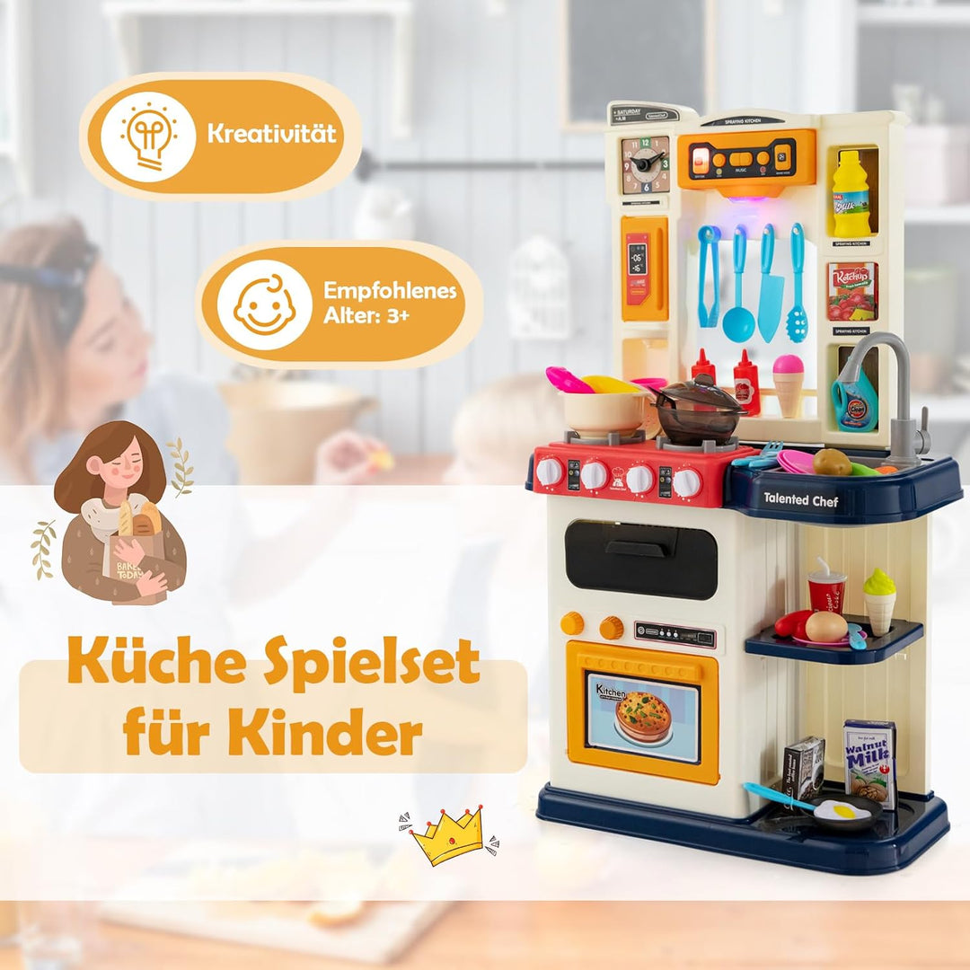 DREAMADE Kinderküche mit 38 TLG. Zubehör, Kinderspielküche mit Spülbecken Wasserhahn Herd Öfen, Spie