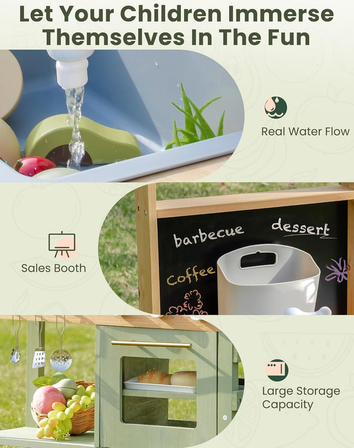 ROBOTIME Mud Kitchen Spielset für Kinder, Deluxe Outdoor-Holzküche mit funktionierendem Wasserhahn,
