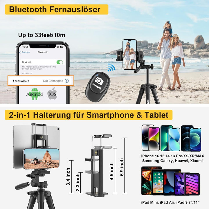 KINGJOY Handy Kamera Stativ 60" Leichtes Smartphone Stativ mit Fernauslöser, 360°Drehung Tragbar Tri