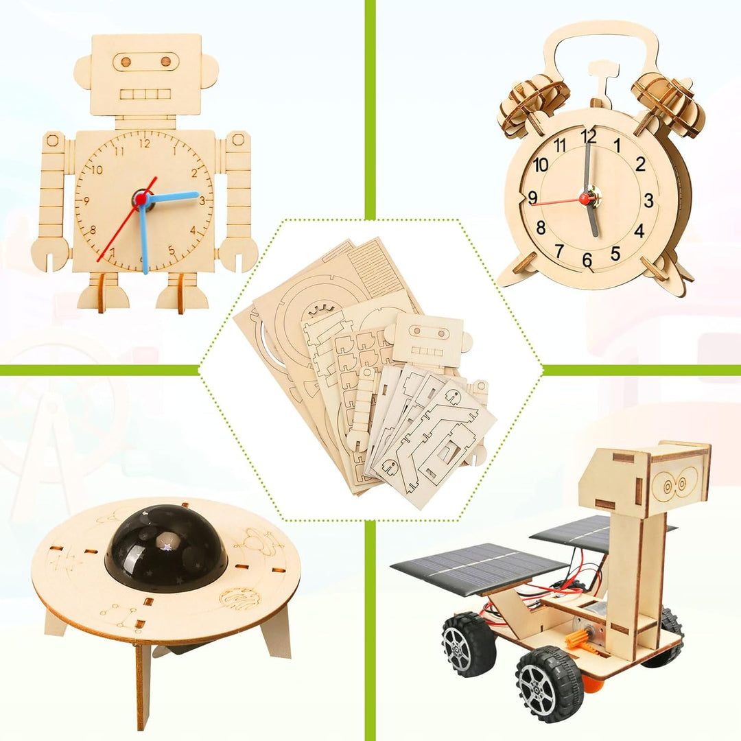 4Stk STEM Experimente für Kinder ab 8-14 Jahre, Elektronik Baukasten & Experimentierkasten, Holz DIY