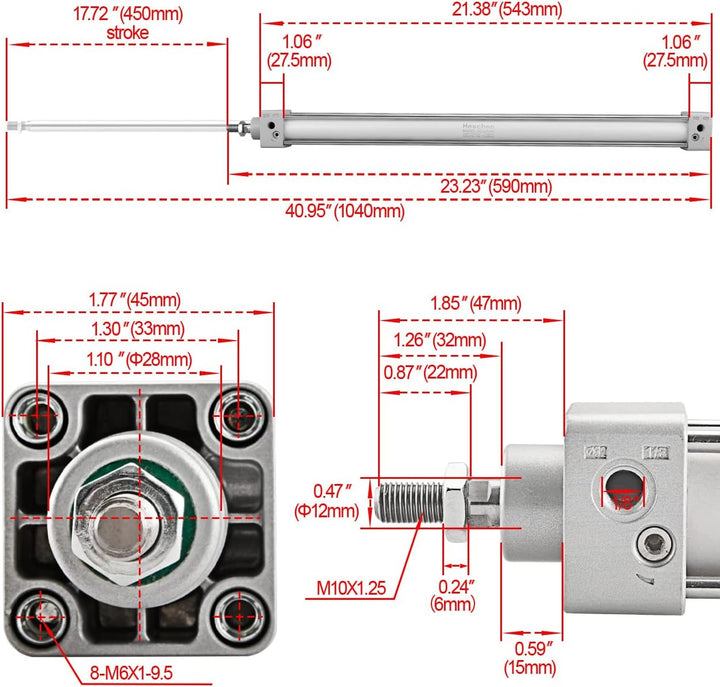 Heschen Pneumatischer Standard-Zylinder, SC 32-450, PT1/8 Anschluss, 32mm Bohrung, 450mm Hub, Einzel