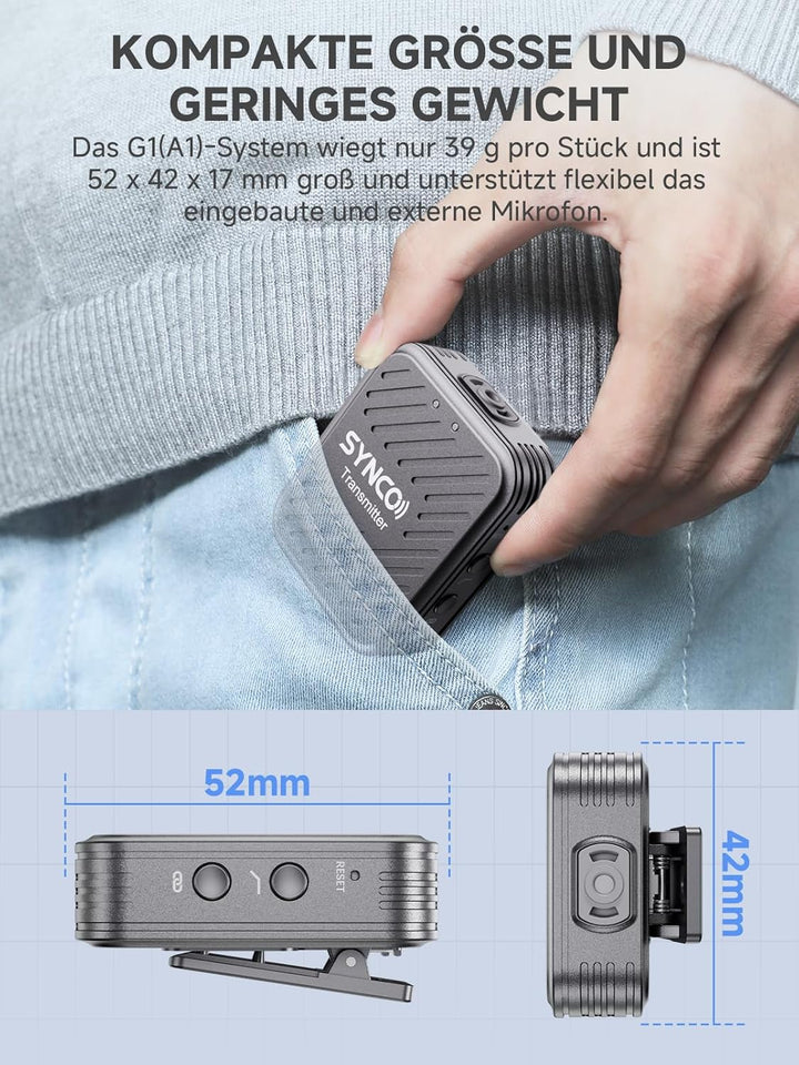 SYNCO Lavalier Funkmikrofon G1(A1), 2,4GHz Kabellos Ansteckmikrofon System, Wireless Microphone Mics
