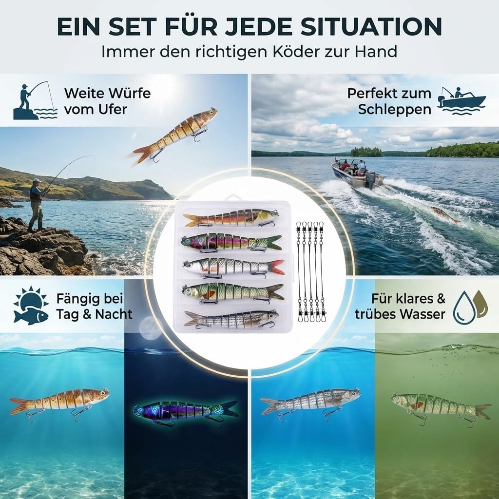 Hecht Köder Set Kunstköder 5 Stück in Box Angel-Köder zum Raubfisch-Angeln – Wobbler mehrteilig mit
