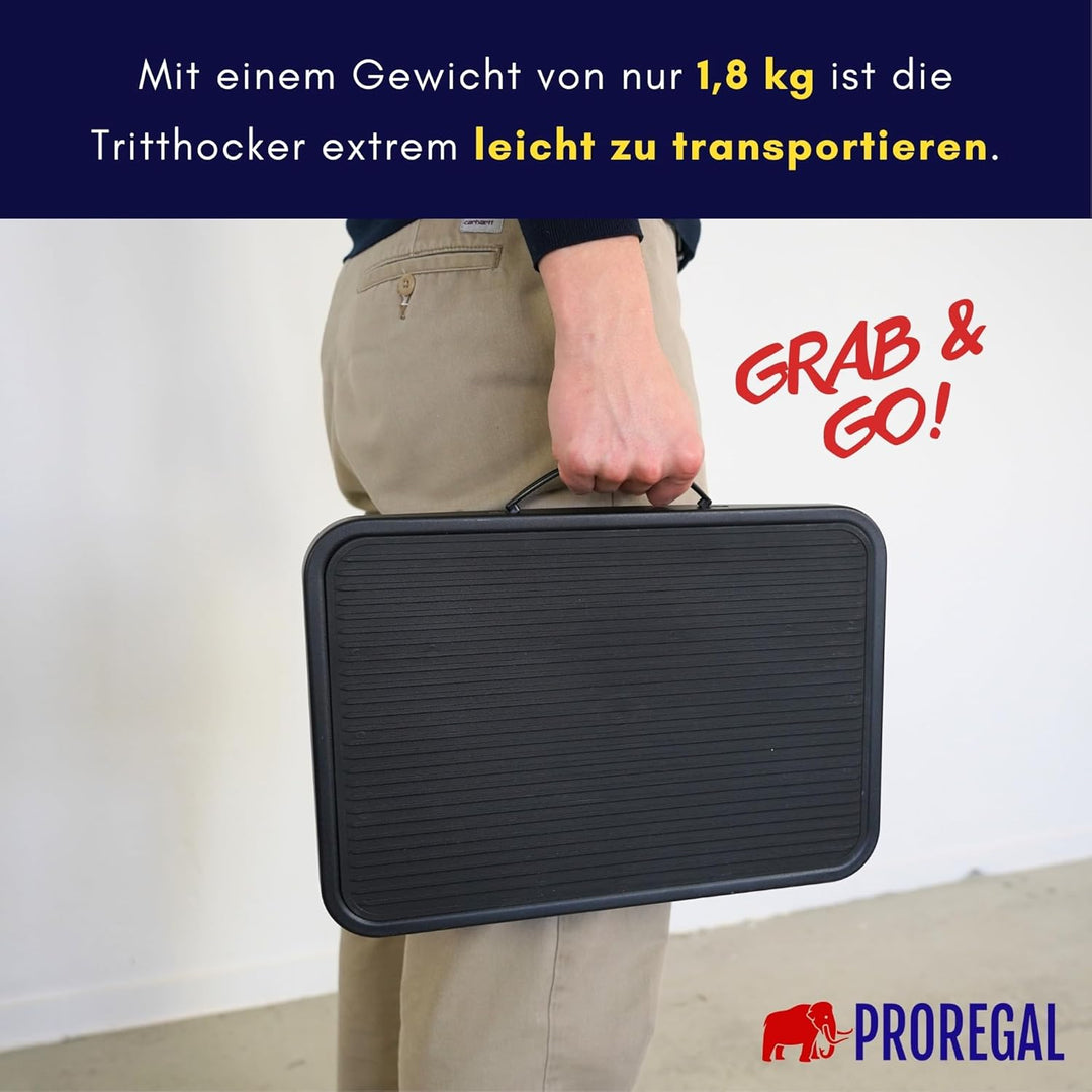 PROREGAL Tritthocker klappbar, XXL Trittfläche 38x26cm Anti-rutsch, bis 150kg, 1,8kg leicht, schwarz