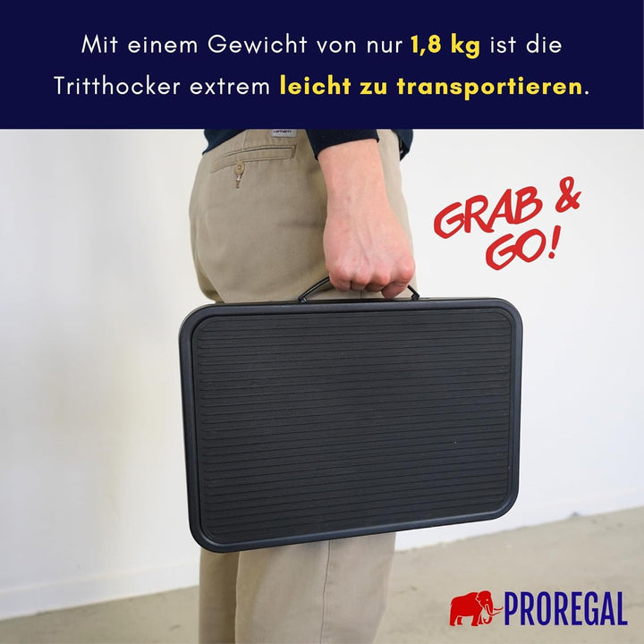 PROREGAL Tritthocker klappbar, XXL Trittfläche 38x26cm Anti-rutsch, bis 150kg, 1,8kg leicht, schwarz