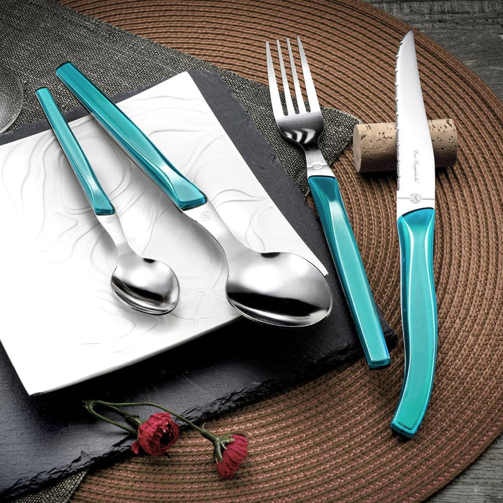 Lou Laguiole RISING SUN Besteck Set 6 Personen | 24-teilig | Türkis glänzend | Essbesteck 6 Personen