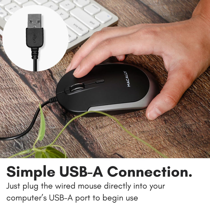 Macally DYNAMOUSE, MacBook Maus mit 3 Tasten und Scrollrad, optisch mit Kabel, Mouse für USB-A Noteb