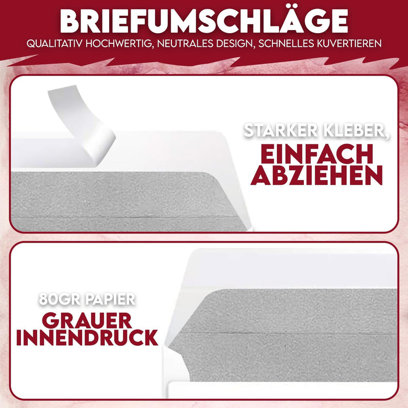 1000 Briefumschläge mit Fenster DIN Lang, 110mm x 220mm, 80g/m² Papier, weisse Briefumschläge mit gr