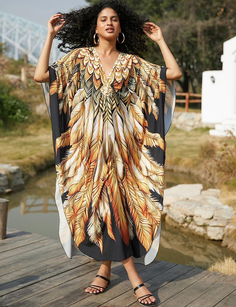 Bsubseach Damen Ethnic Print Kaftan Beach Dress Plus Size Strandkleid Goldene Feder, Goldene Feder