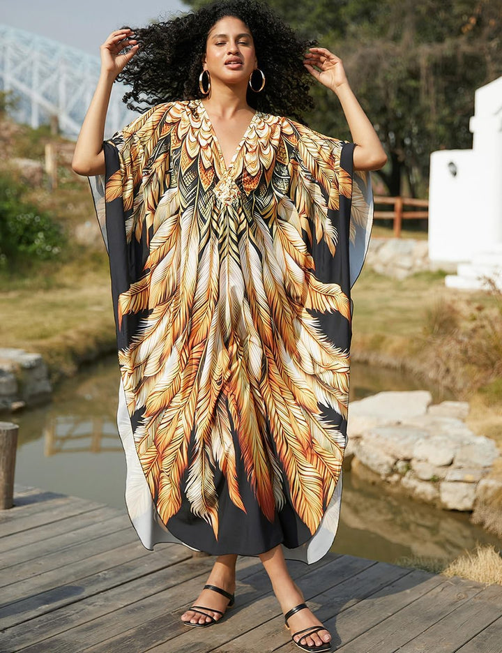 Bsubseach Damen Ethnic Print Kaftan Beach Dress Plus Size Strandkleid Goldene Feder, Goldene Feder