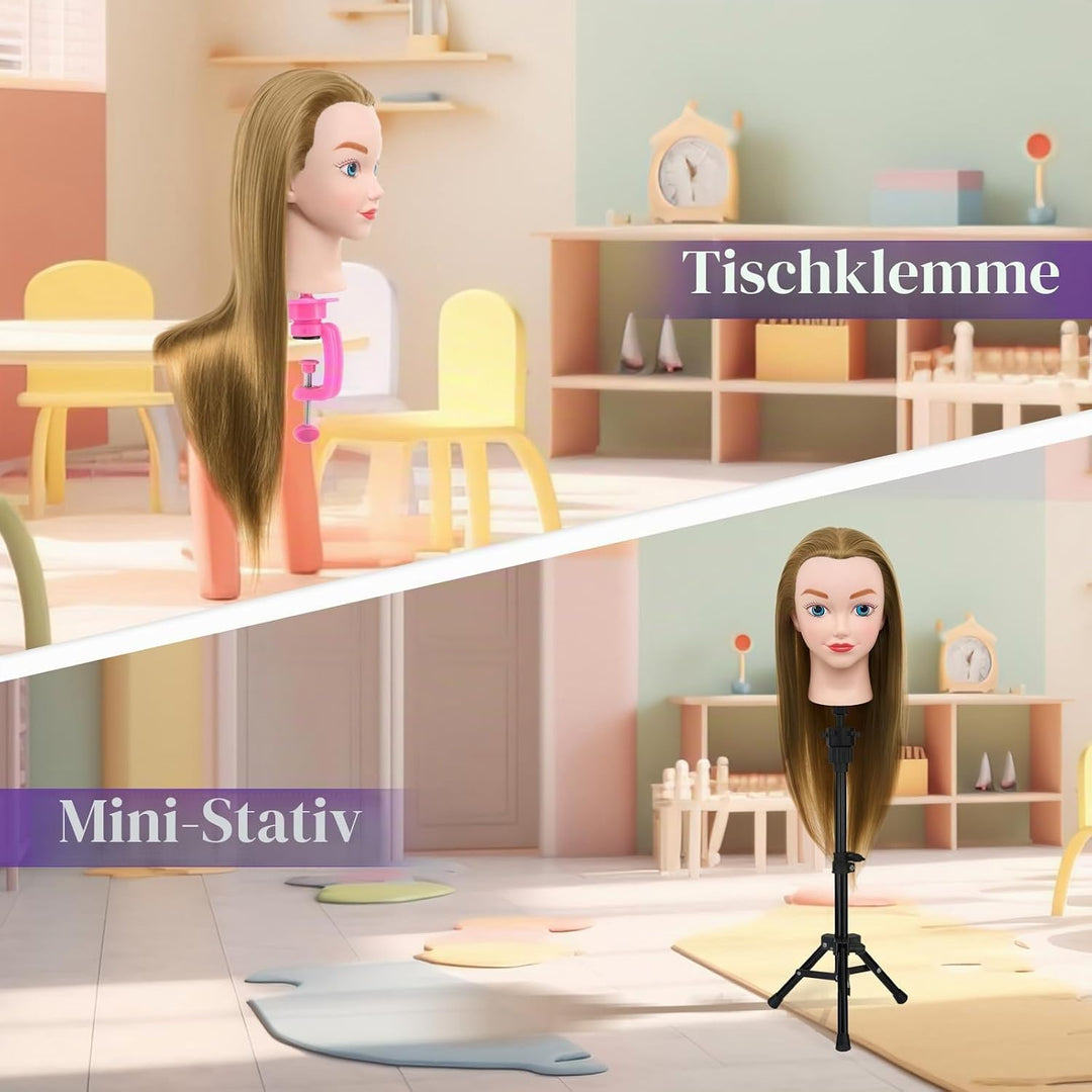 Frisierkopf mit Übungskopf ständer,Frisierkopf Echthaar 100% Synthetisches Haar Puppenkopf zum Frisi