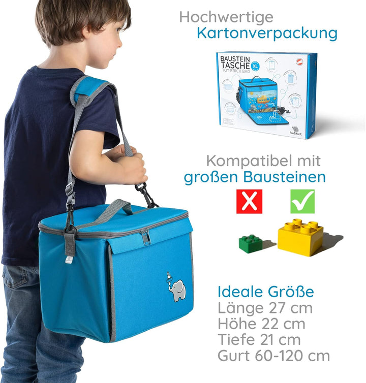fantifant Baustein-Tasche mit ausklappbarer Bauplatte | meerblau Grösse L I kompatibel mit Lego Dupl