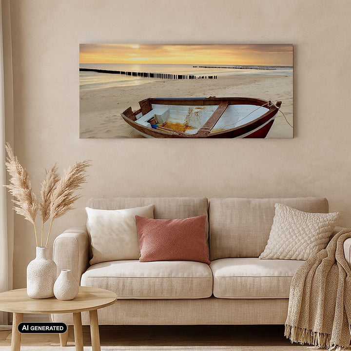 Wandbilder Dekoration Wohnzimmer Strand Boot Ostsee Sommer Panorama Bilder auf Leinwand 120x50cm Lei