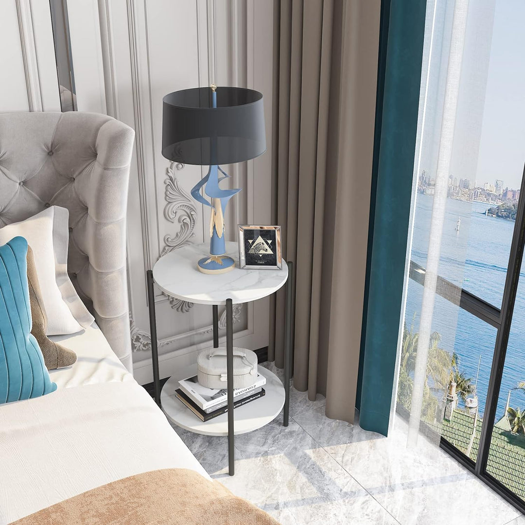 FATIVO Marmor Couchtisch Beistelltisch Sofatisch: 2 Ablagen Beistelltisch rund Nachttisch fürs Wohnz