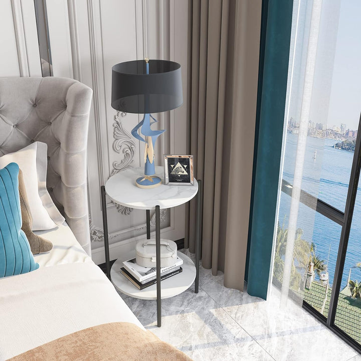 FATIVO Marmor Couchtisch Beistelltisch Sofatisch: 2 Ablagen Beistelltisch rund Nachttisch fürs Wohnz