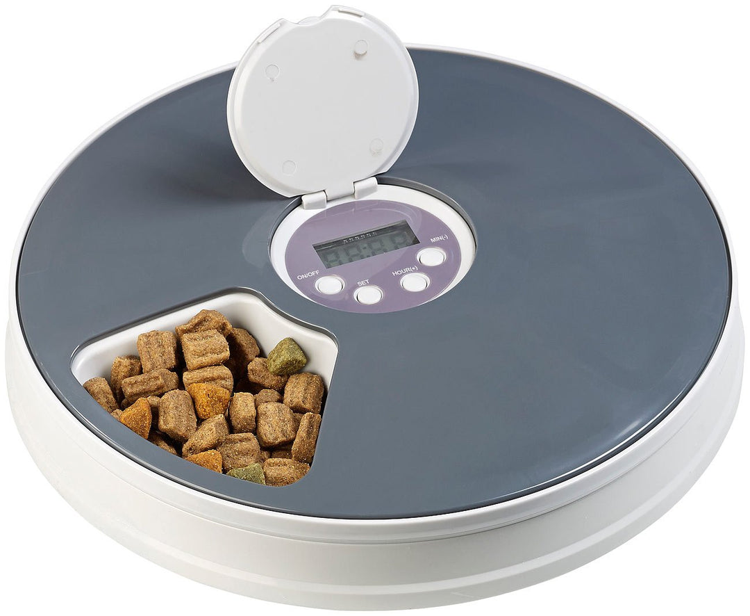 infactory Katzenfutterautomat: Zeitgesteuerter 6-Fach-Katzen- & Hunde-Futterspender, LCD-Display (Fu
