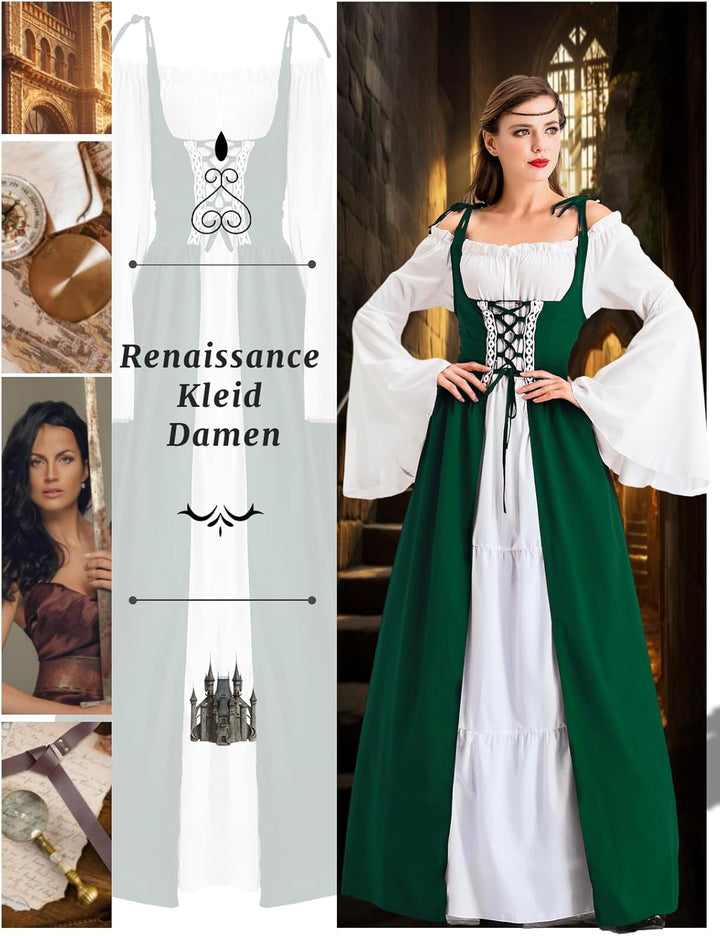 Pianocean Mittelalter Kleidung Damen, Renaissance Kleid, Gothic Kleid，Renaissance Mit Kapuze Langarm