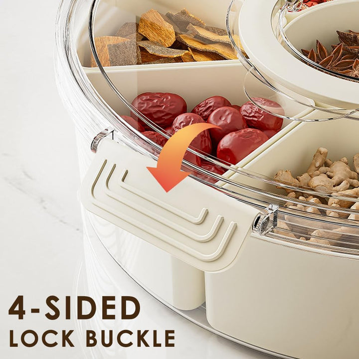 Snackbox mit Fächern, Rund Grosse Snackdose mit 9 Fächern, Deckel, Griff, 4 Gabel, Snackteller mit D