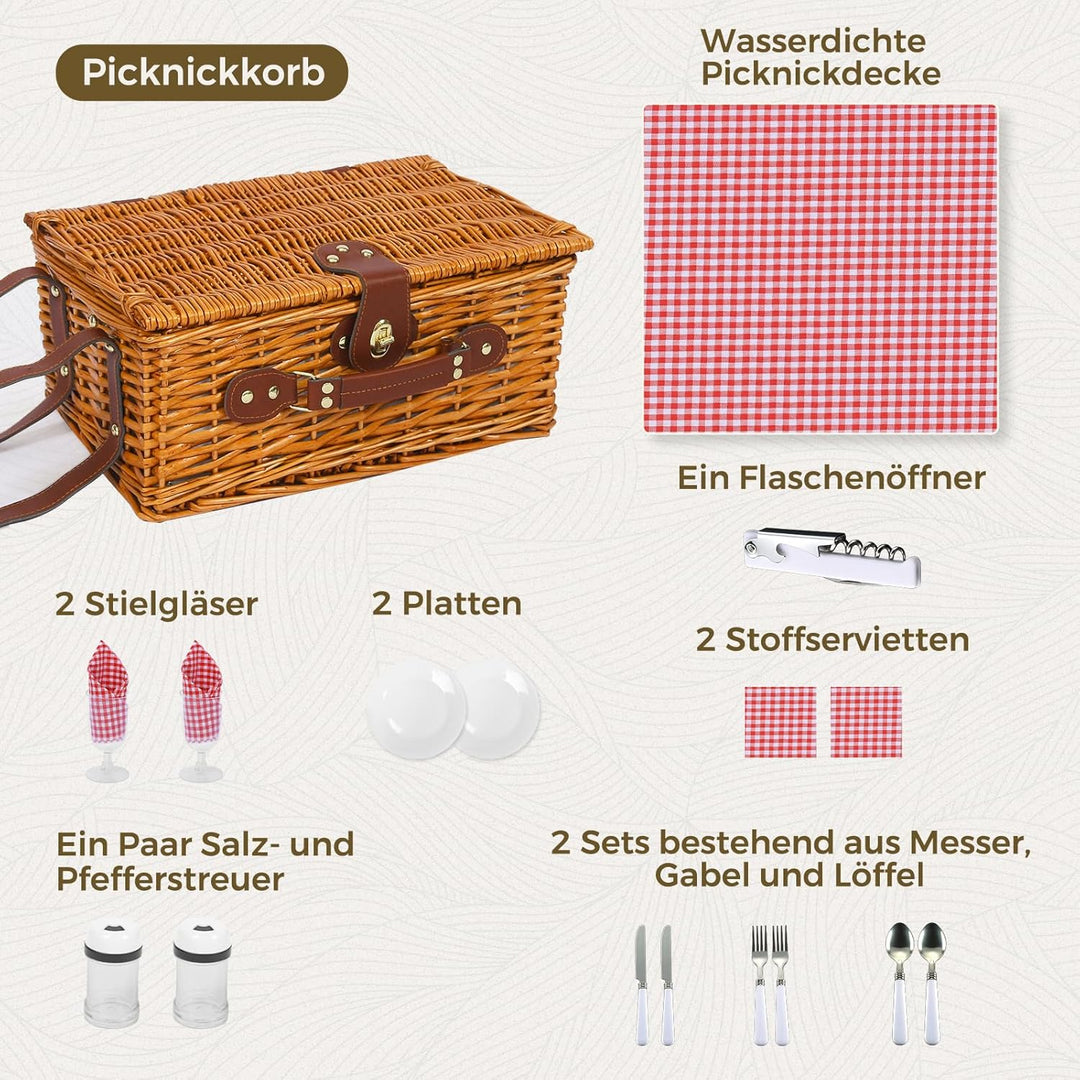 Picknickkorb Set für 2 Person mit Kühlfach und wasserdichte Picknickdecke, Abnehmbarer Riemen, Weinb
